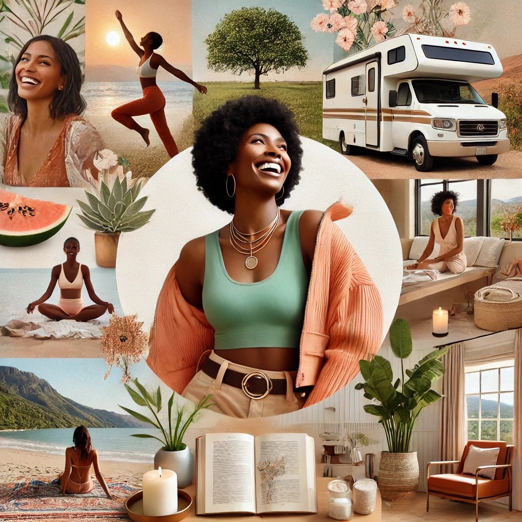 Black woman relaxing in luxury and dreaming of all the amazing places she can be. 